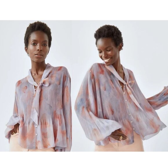 Rare Aritzia Wilfred Barbara Blouse Pleated Chiffon Balloon Sleeve Pussy Bow Top - Picture 9 of 9
